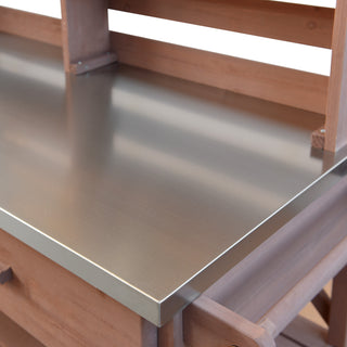 Sunvega Fir Wood Outdoor Potting Bench with Stainless Steel Top and Lockable Wheels