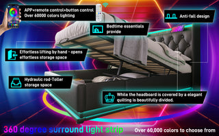 Sunvega Full Size Upholstered Bed with 360 LED Lighting Hydraulic Storage and USB Charging