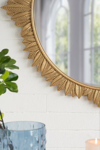 Sunvega Ornate Gold Round MDF Wall Mirror with Carved Frame for Living Room