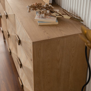 Sunvega Light Wood 6-Drawer Dresser with Geometric Relief and Gold Metal Legs