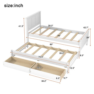 Sunvega Twin Size White Platform Bed with Trundle and Two Drawers for Storage