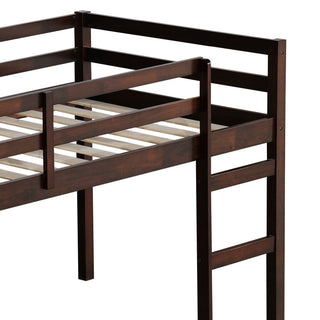 Sunvega Espresso Rubber Wood Low Height Loft Bed with Ladder for Bedroom