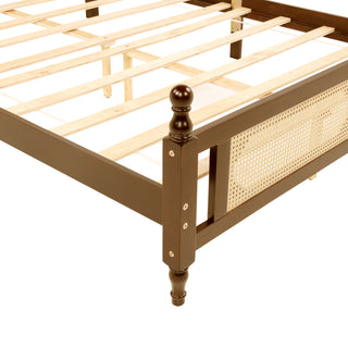 Sunvega Queen Pine Wooden Bed with Rattan Headboard and Footboard for Bedroom