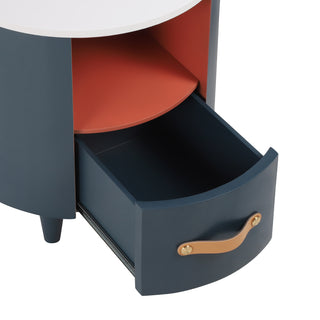 Sunvega Blue Round Nightstand with Storage Drawer and Open Shelf for Bedroom