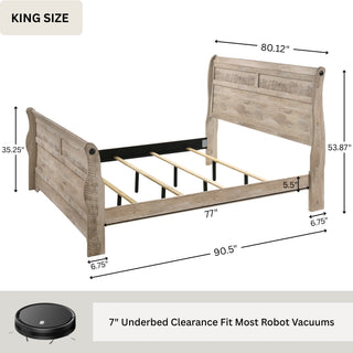 Sunvega White Wash Finish King Sleigh Bed Dresser Mirror Nightstand Bedroom Set