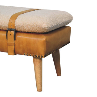 Sunvega Handwoven Bouclé Cotton and Buffalo Hide Leather Bench with Wood Legs