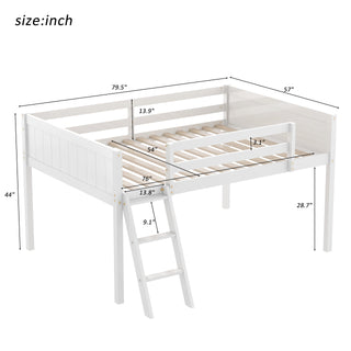 Sunvega White Full Size Low Loft Wood Bed with Convertible Left or Right Ladder