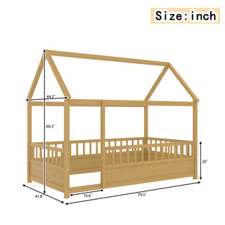 Sunvega Twin Size Floor Wooden Bed with House Roof Frame and Fence Guardrails