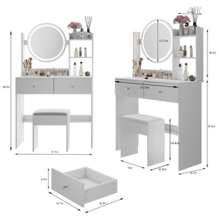 Sunvega 17 Inch Round LED Vanity Table Set with Mirror Touch Switch and Stool