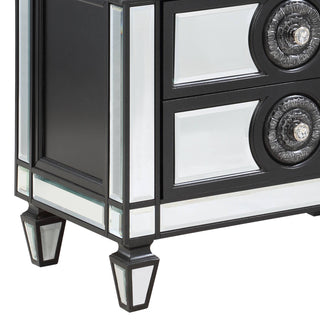Sunvega Mirrored Nightstand with Black and Silver Finish Geometric Trim