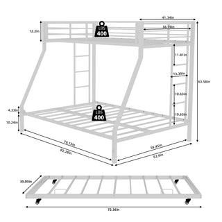 Sunvega High-Stability Square Tube Bunk Bed with Ladder & Rolling Trundle for Home Dormitory