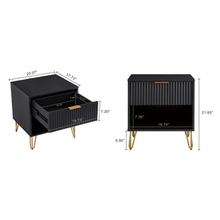 Sunvega Modern Glam Nightstand with Gold Metal Legs and Textured Drawer