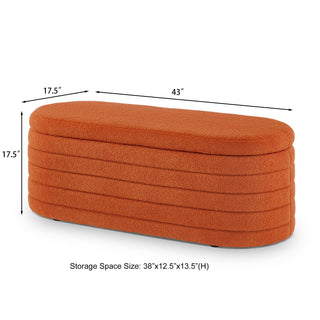 Sunvega Modern Oval Upholstered Boucle Teddy Fabric Storage Ottoman Bench with Safety Hinge