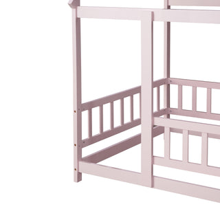 Sunvega Twin Size Wooden Floor Bed with Roof Frame and Safety Guardrails in Grey