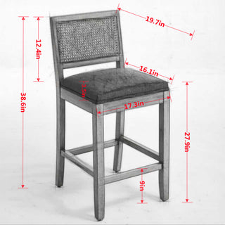Sunvega Full Solid Wood Rattan-Back Bar Stool with Matte Linen Cushion for Kitchen Island
