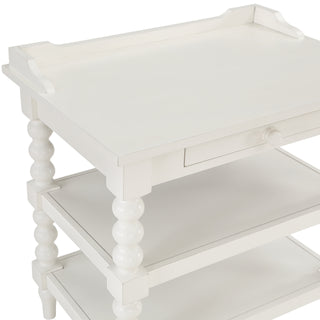 Sunvega Antique White Aria Nightstand with Pull-Out Tray and Vintage Spool Turned Legs
