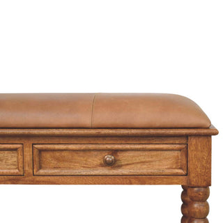 Sunvega Amber Oak Leather Spindle Bench with 2 Drawers and 1 Shelf for Entryway