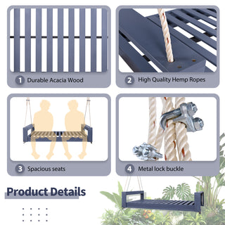 Sunvega Twin Size Acacia Wood Porch Swing Bed with Hemp Ropes for Garden