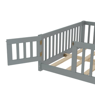 Sunvega Twin Size Floor Bed with Safety Guardrails and Door for Kids in Natural