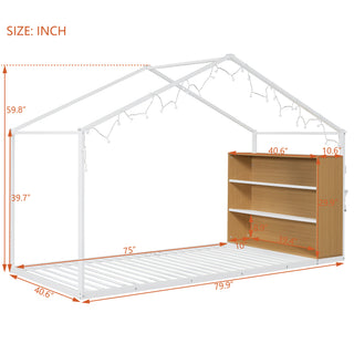 Sunvega Twin Size Black Metal House Bed Frame with Shelves and LED Lights