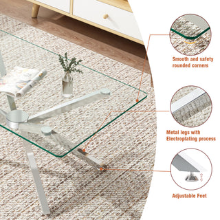 Sunvega Modern 39.37" Rectangular Clear Tempered Glass Coffee Table with Black Metal Legs