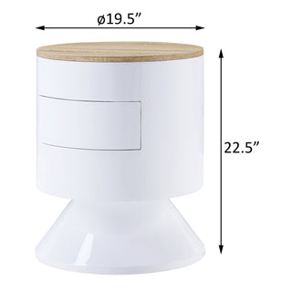 Sunvega White High Gloss Modern Drum Nightstand with Single Drawer for Bedroom