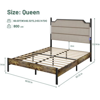 Sunvega Queen Size Bed Frame with Upholstered Headboard and Charging Station