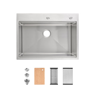 Sunvega 32x19 Inch Overmount Single Bowl Kitchen Sink in Brushed Nickel