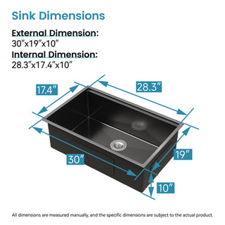 Sunvega Handcrafted 33x19 Inch Undermount Single Bowl Kitchen Sink Dark Gray