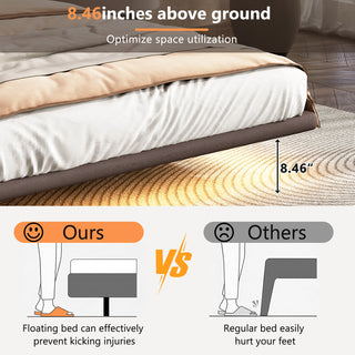 Sunvega Floating Bed Frame with Modern PU Leather Upholstery and Remote LED Lights Queen Size