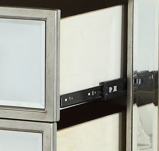 Sunvega Mirrored Nightstand with Geometric Trim and Crystal Knobs for Bedroom