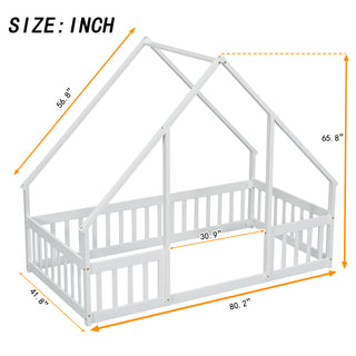 Sunvega Twin Wood House Floor Bed with Guardrail Fence in Grey
