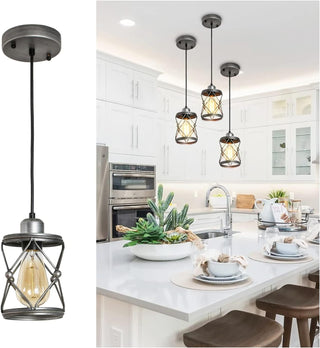 Sunvega Industrial Black Metal Cage Pendant Light with Adjustable Height for Kitchen