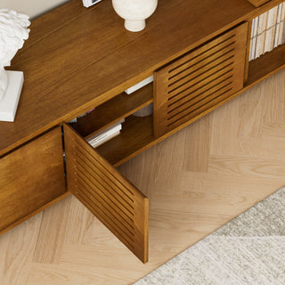 Sunvega Expandable Mid-Century Modern TV Stand for 55-75" TVs with Vintage Wood Grain