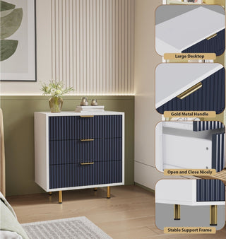 Sunvega Modern White and Navy Blue Fluted 3 Drawer Dresser with Wide Top for Bedroom