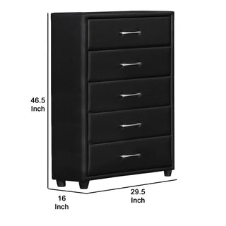 Sunvega Black Faux Leather Chest with 5 Smooth Gliding Drawers on Tapered Legs