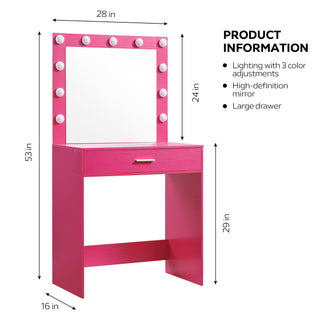 Sunvega Vanity Desk with Mirror Lights Large Drawer 1 Level Storage Dresser