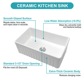 Sunvega 33 Inch White Porcelain Ceramic Farmhouse Kitchen Sink Workstation with Reversible Apron