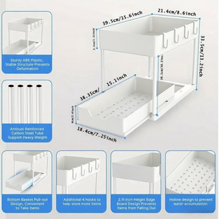 Sunvega White Two-Tier Extendable Sink Shelf for Maximizing Cabinet Storage Space