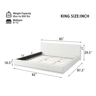 Sunvega Upholstered Bed with Padded Headboard and Wooden Slat Frame in White