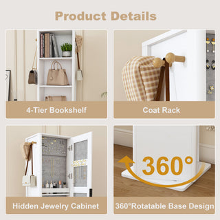Sunvega 360-Degree Rotating Makeup Jewelry Cabinet with Full-Length Mirror and Coat Rack