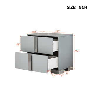 Sunvega Elegant Gray Nightstand with 2 Drawers and Metal Foot for Bedroom