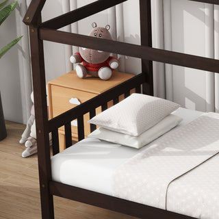 Sunvega Twin Rubber Wood House Bed with Headboard and Footboard in Light Grey