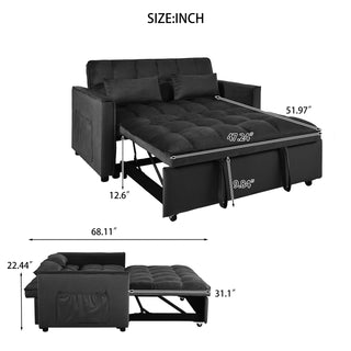 Sunvega Pink Velvet Convertible Sofa Bed with Reclining Backrest and Storage Pockets