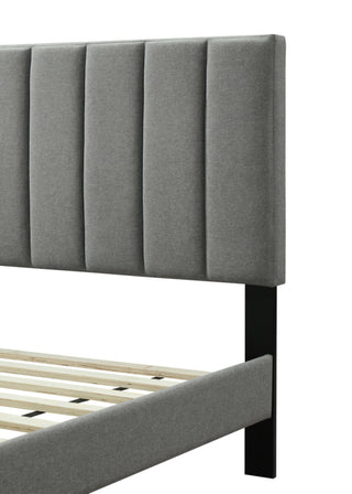 Sunvega Queen Upholstered Pleated Bed in a Box with Sturdy Dark Brown Frame