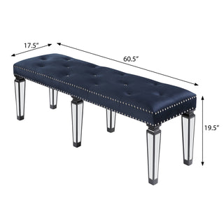 Sunvega Dark Navy Velvet Tufted Bench with Padded Apron and Mirrored Legs