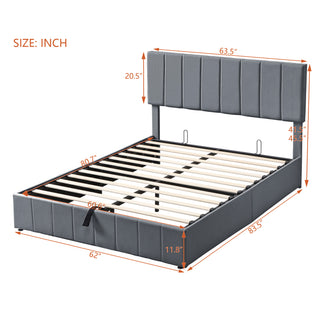 Sunvega Upholstered Platform Bed with Hydraulic Storage System in White Linen