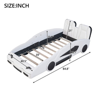Sunvega Twin Size White Race Car Platform Bed with Wheels for Kids Bedroom