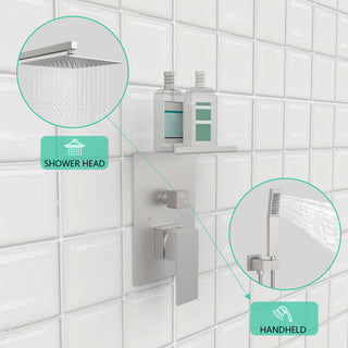 Sunvega 10 inch Rainfall Shower System with Storage Rack and High Pressure Brushed Nickel
