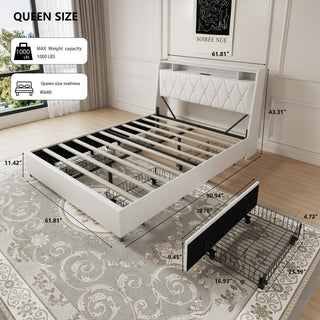 Sunvega Queen Bed Frame with Ergonomic Headboard Outlets Charger LED Light Storage